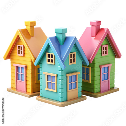 Set of 3 cartoon or toy houses models Isolated on transparent background.