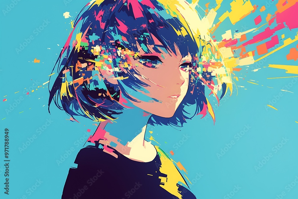 Naklejka premium Colorful anime girl with paint explosion from her head