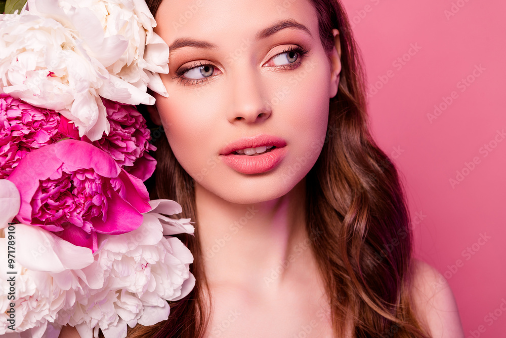 Close up portrait of beautiful woman with peonies perfect smooth skin empty space for beauty salon banner