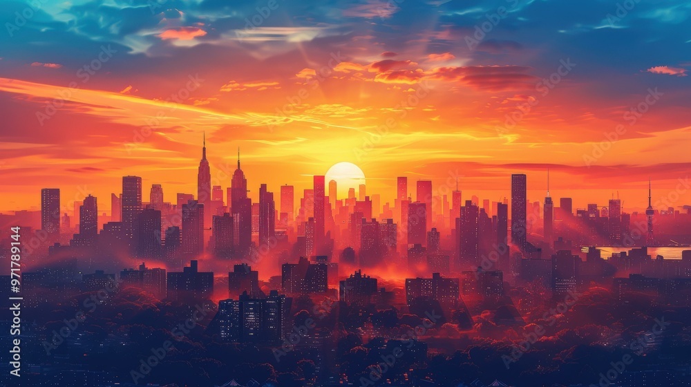 City Skyline Sunset Dramatic Cloudscape Stock Photo City Skyline Sunset Dramatic Cloudscape Stock Photo