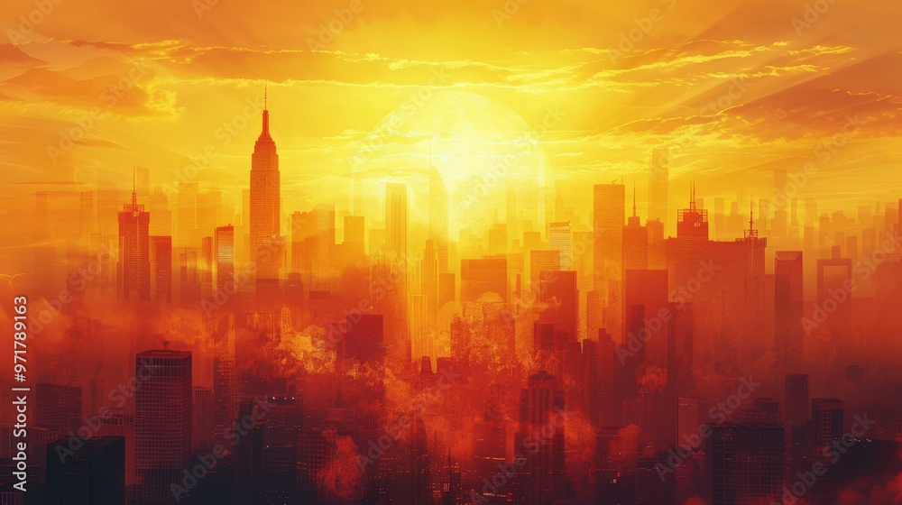 Fototapeta premium Cityscape Sunset with Dramatic Sky and Buildings