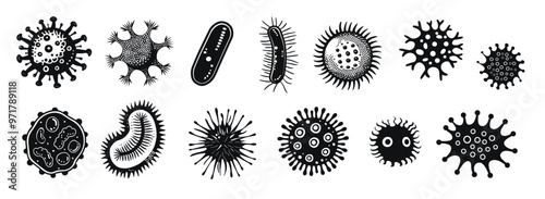 Set of various bacteria and virus icons, detailed vector illustration. Black and white designs of microorganisms with diverse shapes and structures.