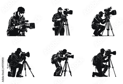 Set of cameramen operating professional video cameras, detailed vector illustration. Black and white designs featuring videographers in various positions capturing footage.