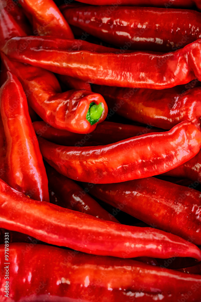 Close up of red chili peppers. in an outdoor famers market Close up of red chili peppers. in an outdoor famers market