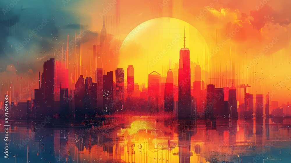 Futuristic City Skyline with Sunset and Water Reflection Futuristic City Skyline with Sunset and Water Reflection