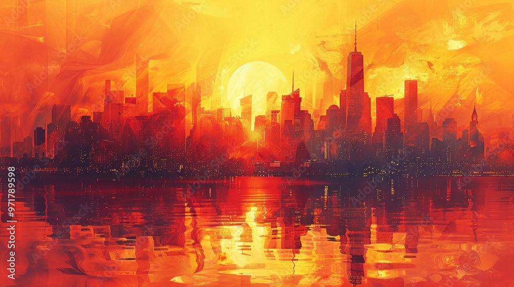 Fototapeta premium Sunset Cityscape with Reflection and Abstract Strokes