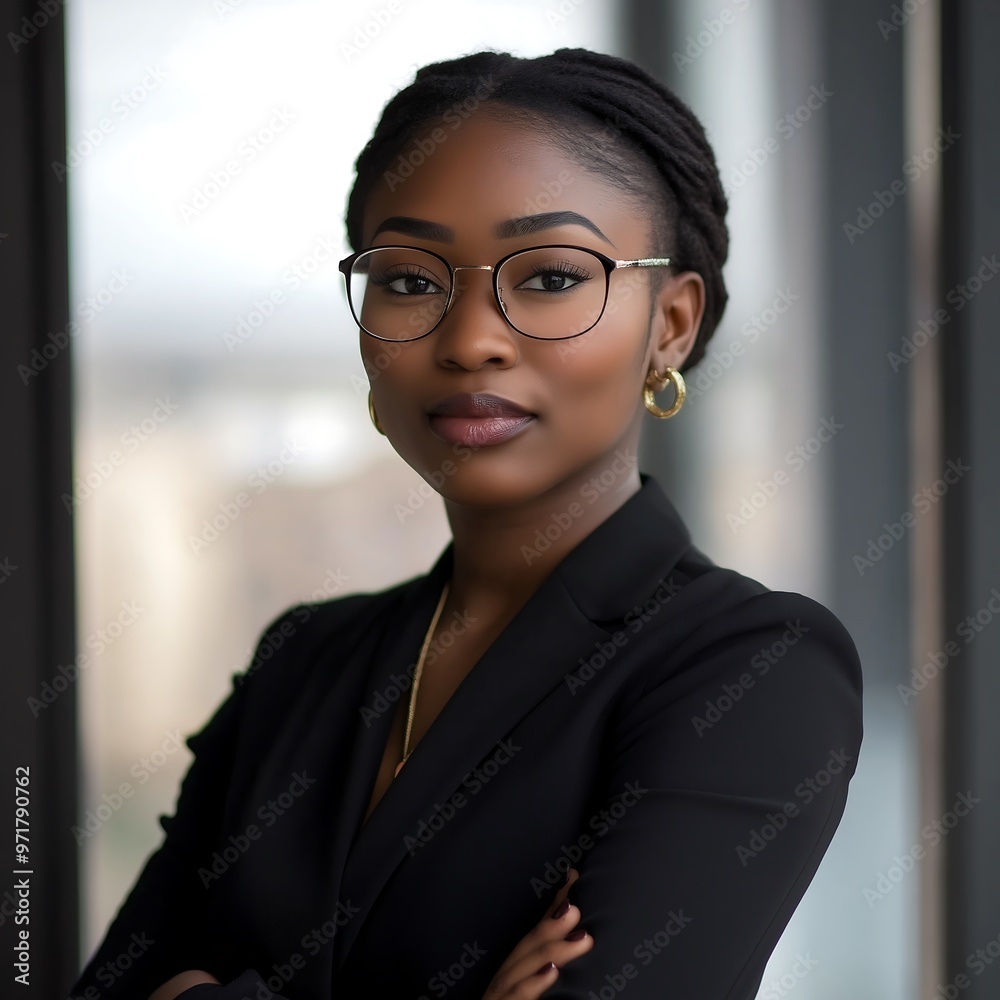 Smiling black skinned African American young, successful business woman wearing suit, defocused background Smiling black skinned African American young, successful business woman wearing suit, defocused background