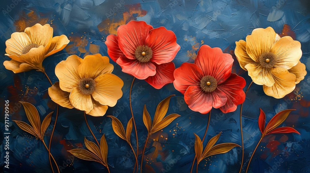 Gold and Red Flowers on Blue Background - Abstract Floral Wall Art Gold and Red Flowers on Blue Background - Abstract Floral Wall Art