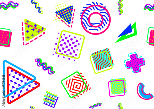 Modern Memphis Milano inspired seamless pattern in abstract pop art design style. Vector graphic illustration. Dense all over the top composition, vibrant neon colors.