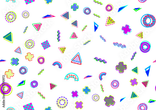 Modern Memphis Milano inspired seamless pattern in abstract pop art design style. Vector graphic illustration. Dense all over the top composition, vibrant neon colors.
