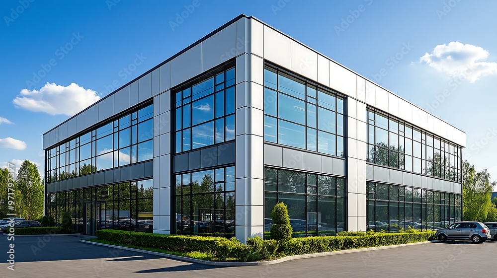 Outdoor view of a modern office building with panoramic windows with parking lot outside in daylight under clear blue sky Outdoor view of a modern office building with panoramic windows with parking lot outside in daylight under clear blue sky