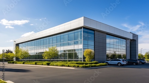 Wallpaper Mural Outdoor view of a modern office building with panoramic windows with parking lot outside in daylight under clear blue sky Torontodigital.ca