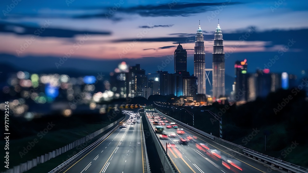 Fototapeta premium Ampang Kuala Lumpur Elevated Highway AKLEH with City Skyline in Malaysia at Twilight Blurred Defocused Bokeh Background