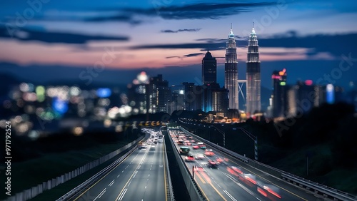 Ampang Kuala Lumpur Elevated Highway AKLEH with City Skyline in Malaysia at Twilight Blurred Defocused Bokeh Background photo