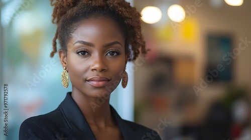 Smiling black skinned African American young, successful business woman wearing suit, defocused background