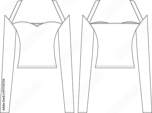long sleeve sweetheart neck  off the shoulder strappy strapped shoulder straps fit blouse top sweater template technical drawing flat sketch cad mockup fashion woman design style model
