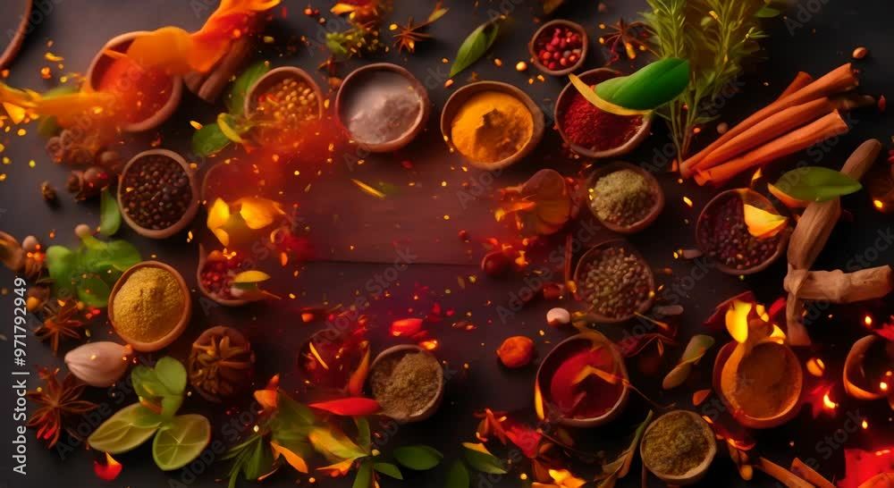 Colorful spices and herbs spread on a dark table 4k animation