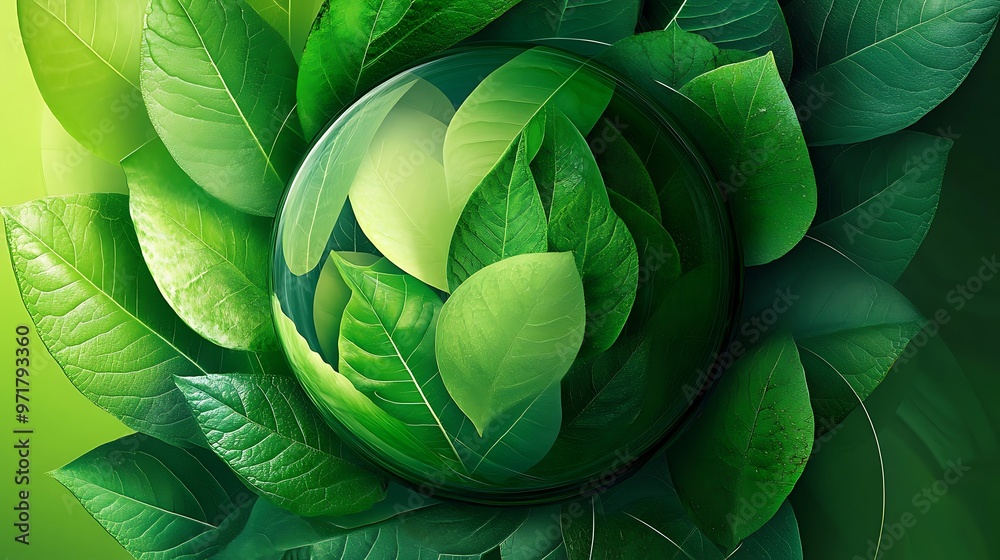 Fototapeta premium Abstract green sphere surrounded by leaves, nature concept