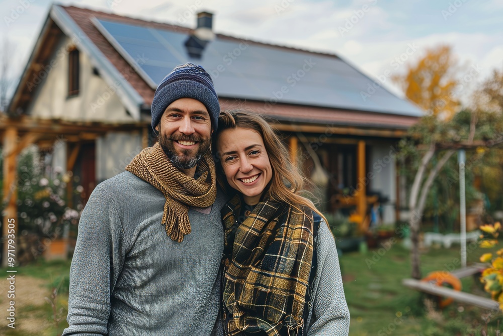 Naklejka premium Happy couple enjoying family moments near their eco friendly home, embracing sustainability together
