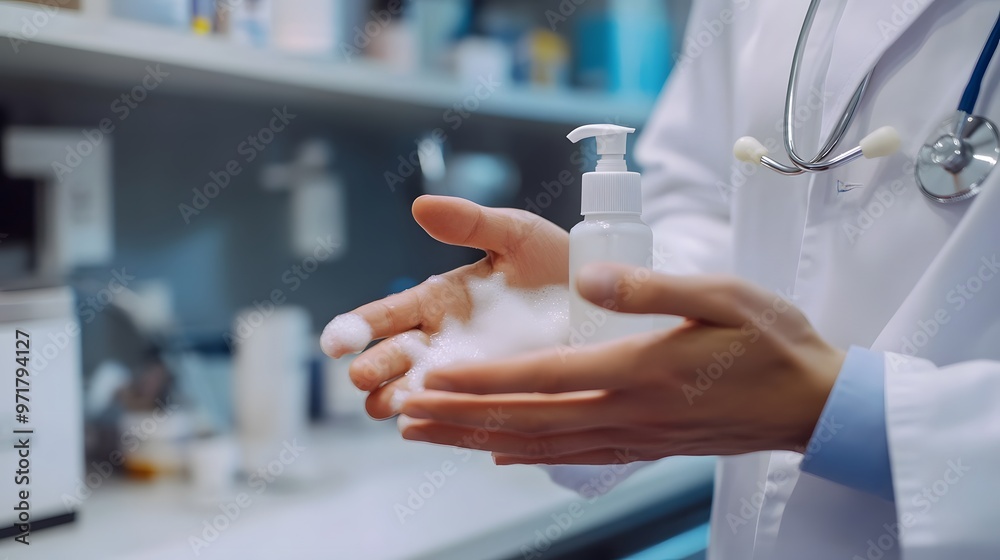 Sanitizing Hands: Doctor's hands being sanitized with a pump bottle of hand sanitizer, with foam and rubbing motion.
Sanitizing Hands: Doctor's hands being sanitized with a pump bottle of hand sanitizer, with foam and rubbing motion.