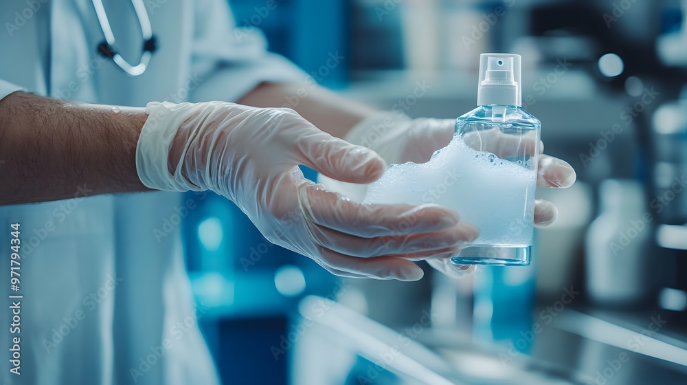 Sanitizing Hands: Doctor's hands being sanitized with a pump bottle of hand sanitizer, with foam and rubbing motion.
Sanitizing Hands: Doctor's hands being sanitized with a pump bottle of hand sanitizer, with foam and rubbing motion.