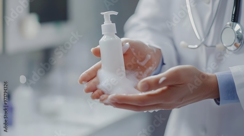 Sanitizing Hands: Doctor's hands being sanitized with a pump bottle of hand sanitizer, with foam and rubbing motion. 