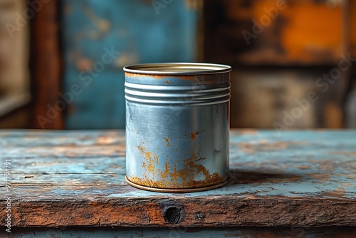 A single empty rusty tin can on a worn wooden table, a minimalist still life.