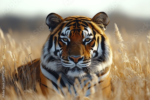 A majestic tiger resting in tall grass with a serene backdrop