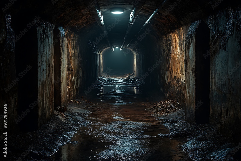 Fototapeta premium A narrow bunker tunnel with minimal lighting and rough concrete walls