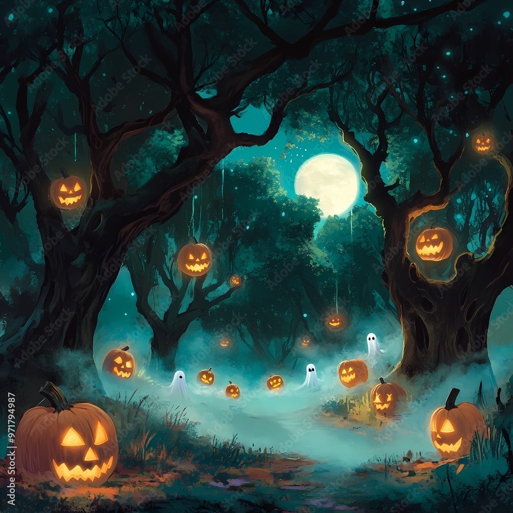 Fototapeta premium Enchanted Halloween Forest at Night