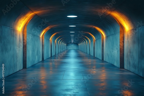 Empty bunker hallway with concrete walls and dim overhead lights