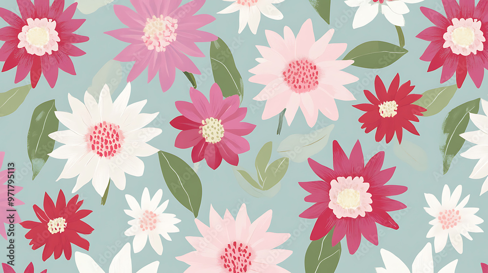Blooming Rhapsody: A symphony of pink and white daisies dance on a serene teal backdrop, their delicate petals whispering tales of spring. This seamless pattern is perfect for feminine and playful des Blooming Rhapsody: A symphony of pink and white daisies dance on a serene teal backdrop, their delicate petals whispering tales of spring. This seamless pattern is perfect for feminine and playful des