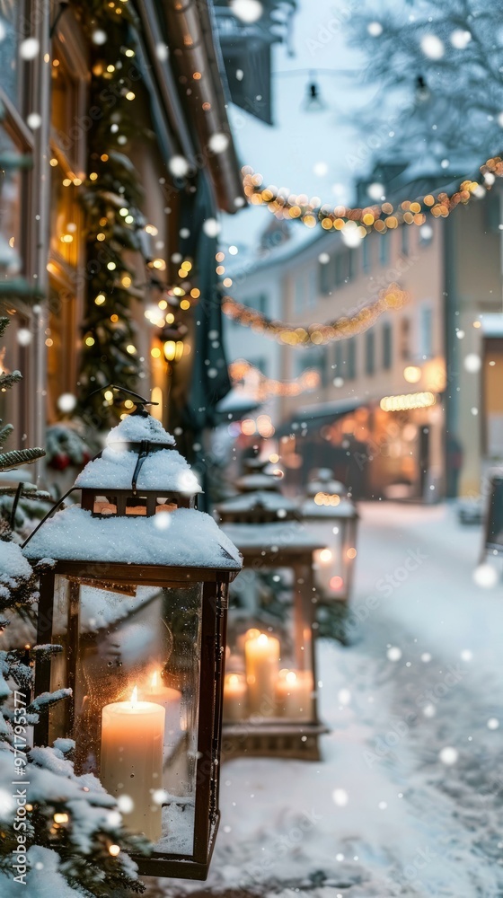 Snowy street with festive lanterns and holiday lights, perfect for travel and Christmas season concepts Snowy street with festive lanterns and holiday lights, perfect for travel and Christmas season concepts