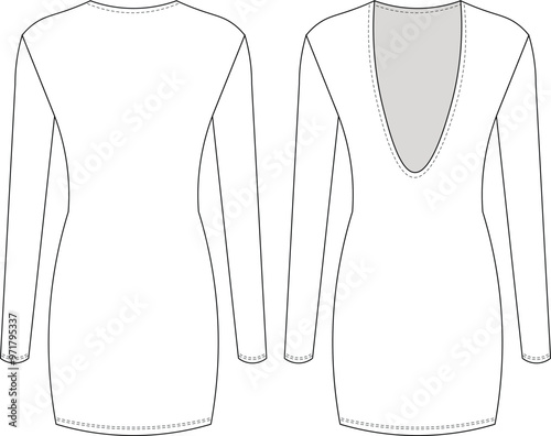 round neck crev neck low back low cut  cutout long sleeve body con short mini dress template technical drawing flat sketch cad mockup fashion woman design style model
