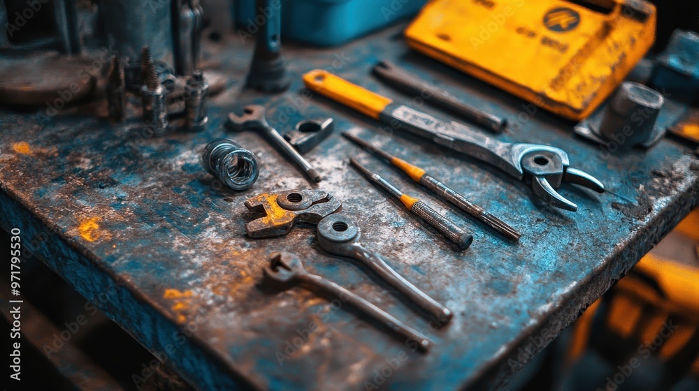 Close-up of construction tools arranged on a rough workbench, highlighting industrial-style contact details in bold typography Close-up of construction tools arranged on a rough workbench, highlighting industrial-style contact details in bold typography