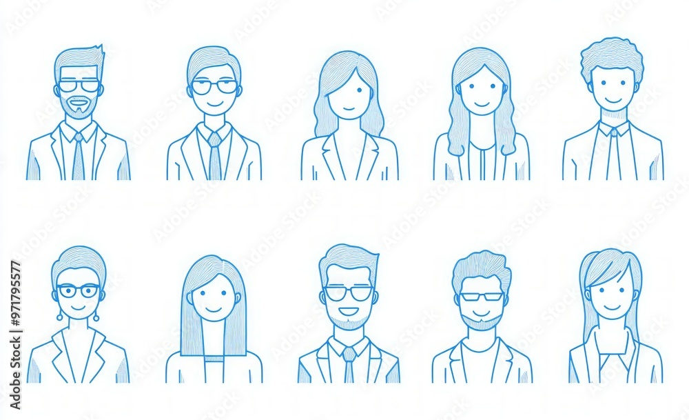 Minimalist line art icon set of avatar people, business people in office attire with blue lines on a white background. Minimalist line art icon set of avatar people, business people in office attire with blue lines on a white background.