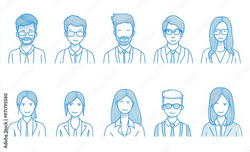 Minimalist line art icon set of avatar people, business people in office attire with blue lines on a white background. Minimalist line art icon set of avatar people, business people in office attire with blue lines on a white background.
