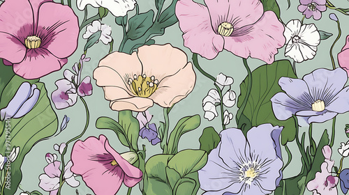 Blooming Meadow Symphony: A tapestry of pastel florals dance across a serene backdrop, celebrating the delicate beauty of nature's artistry. 
