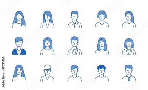 Minimalist line art icon set of avatar people, business people in office attire with blue lines on a white background.