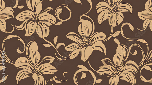 Golden Blooms on Chocolate: A vintage floral pattern flourishes in elegant gold against a rich chocolate backdrop, offering a timeless and sophisticated design element. 