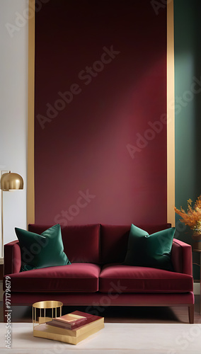 traditional living room dark wood furniture velvet cushions rich autumn colors like burgundy gold deep green photo