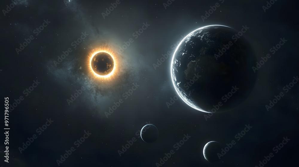 Fototapeta premium Solar System Eclipse: A solar eclipse within the solar system, with the moon casting a shadow on Earth and other planets in the background. 