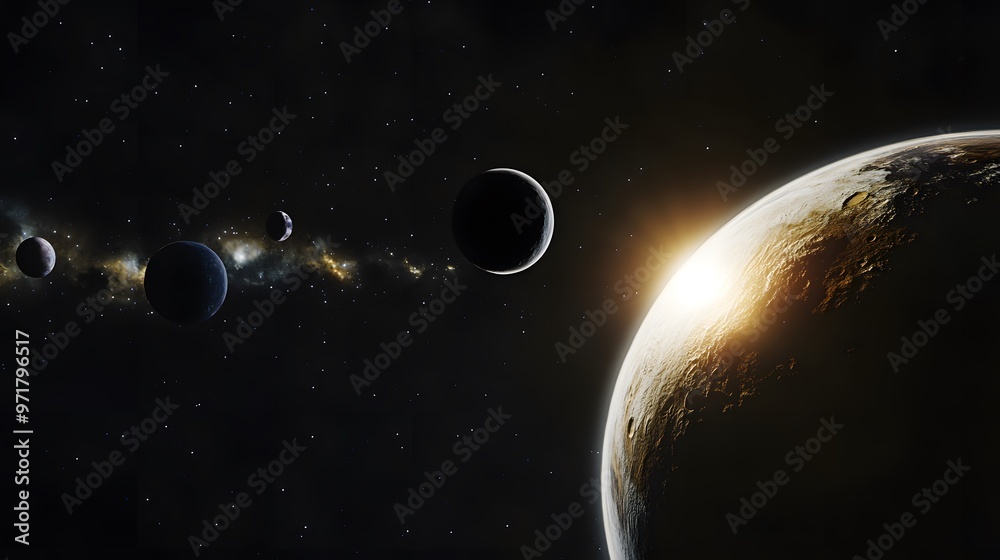 Obraz premium Solar System Eclipse: A solar eclipse within the solar system, with the moon casting a shadow on Earth and other planets in the background. 