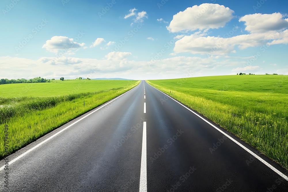 Empty asphalt road through green field under blue sky with white clouds. Concept of journey, travel, freedom, and future Empty asphalt road through green field under blue sky with white clouds. Concept of journey, travel, freedom, and future