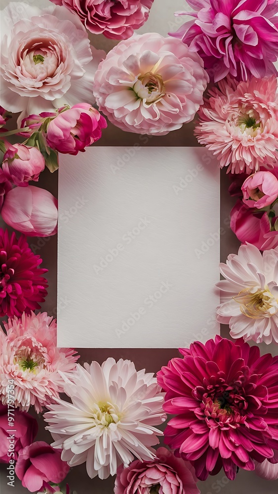 Fototapeta premium Top view of blank card and beautiful blooming flowers isolated on pink