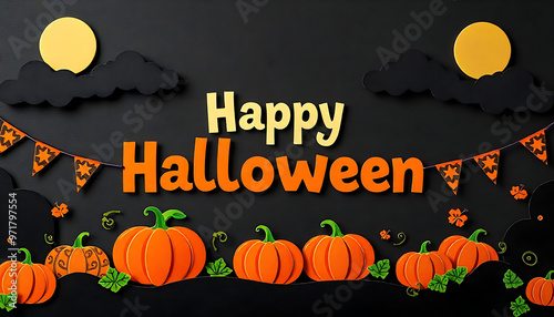 Halloween paper cut banner with black clouds, patterned pumpkins and pennant garland, cartoon vector. Happy Halloween holiday greeting and trick or treat party banner with paper cut pumpkins and bats photo