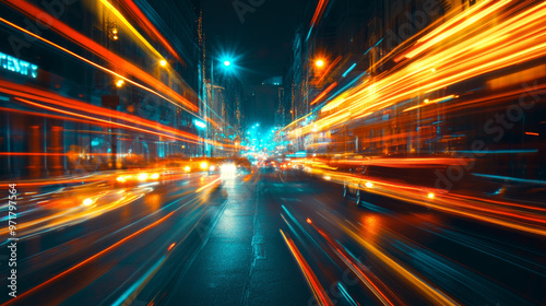 "Abstract image of night traffic light trails in the city, showcasing dynamic patterns and streaks of illumination."