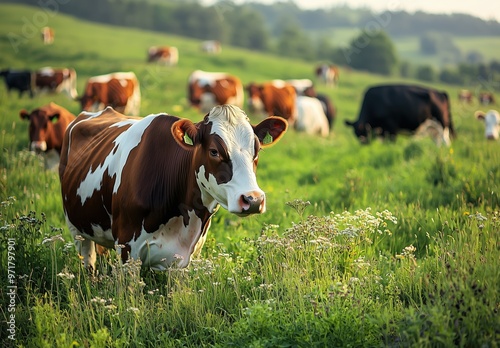 A herd of cows grazing peacefully in a lush green meadow during the golden hour of late afternoon