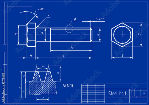 Vector engineering cad drawing of a mechanical part (steel bolt)
with thread. Computer aided design of machine parts 
with dimension lines. 
 Technical cad background.