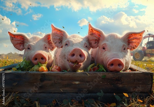 Pigs gathered around a wooden trough enjoying fresh vegetables in a sunny farmyard during the day
